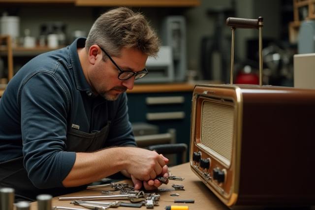 Tekniker reparerer gammel radio på et ryddig verksted