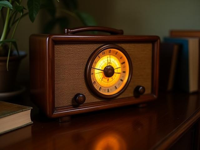 En restaurert vintage radio med en varm glød og et nytt utseende.